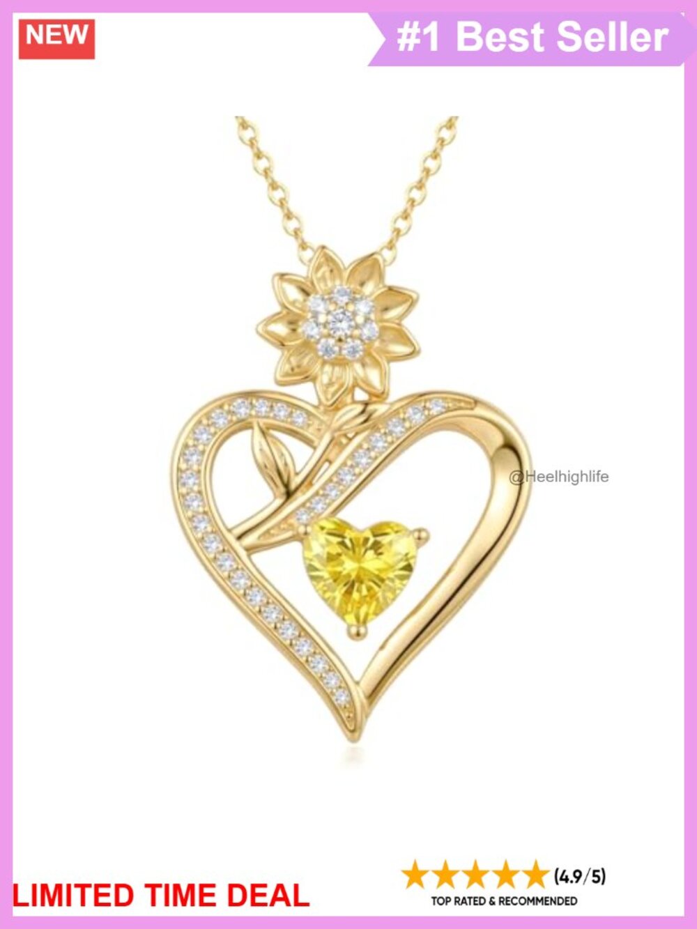 14k Gold Plated Sunflower Heart Birthstone Pendant Necklace